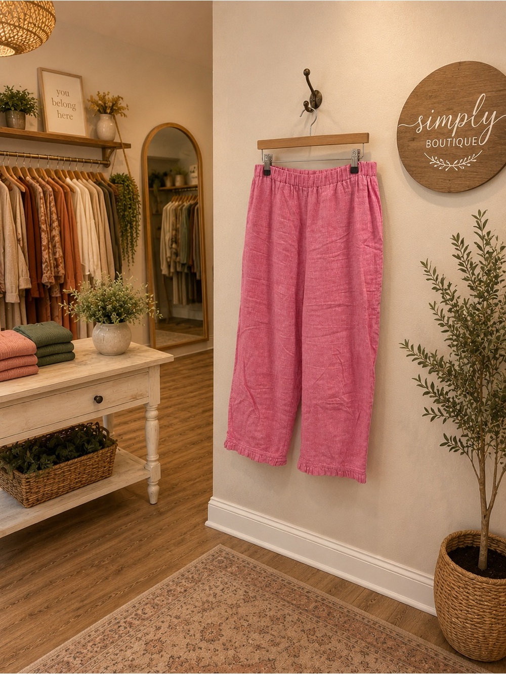 For Cynthia Pink Linen Blend Cropped Ruffle Pants Size Petite Medium
